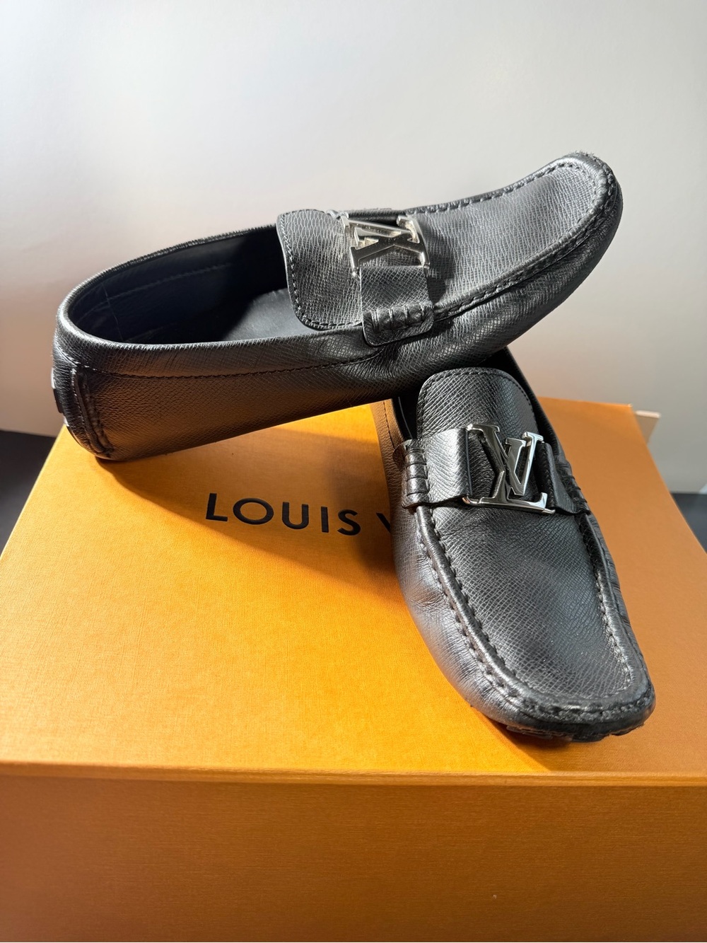 Authentic Louis Vuitton Black Leather LV Logo Penny Loafers